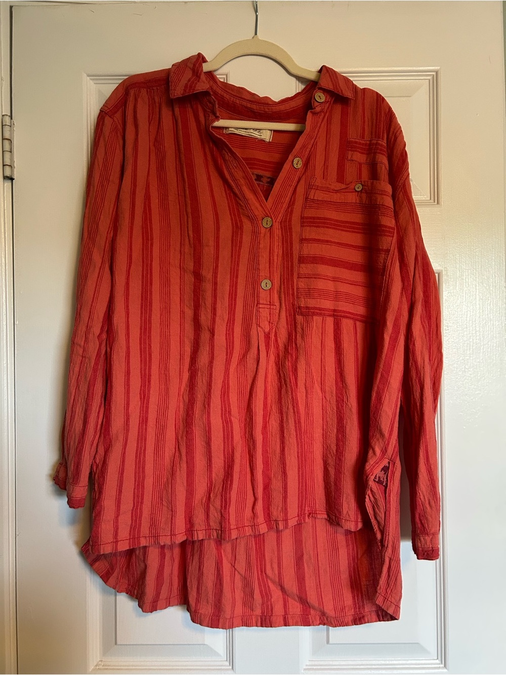 We The Free Coral Red Striped Button Pullover